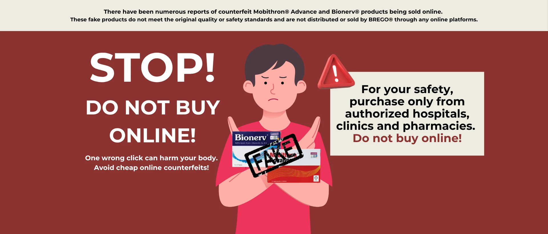Warning banner about counterfeit products and authorised purchase through hospitals and clinics in Malaysia pharmaceutical company
